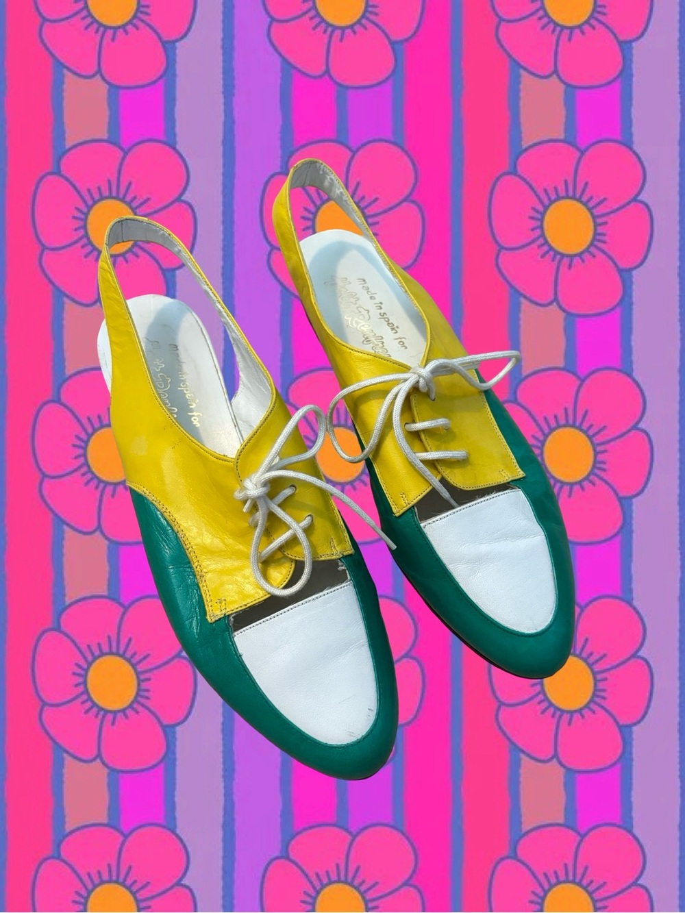 Vintage Yellow, Green & White Lace-Up Slingback Flats